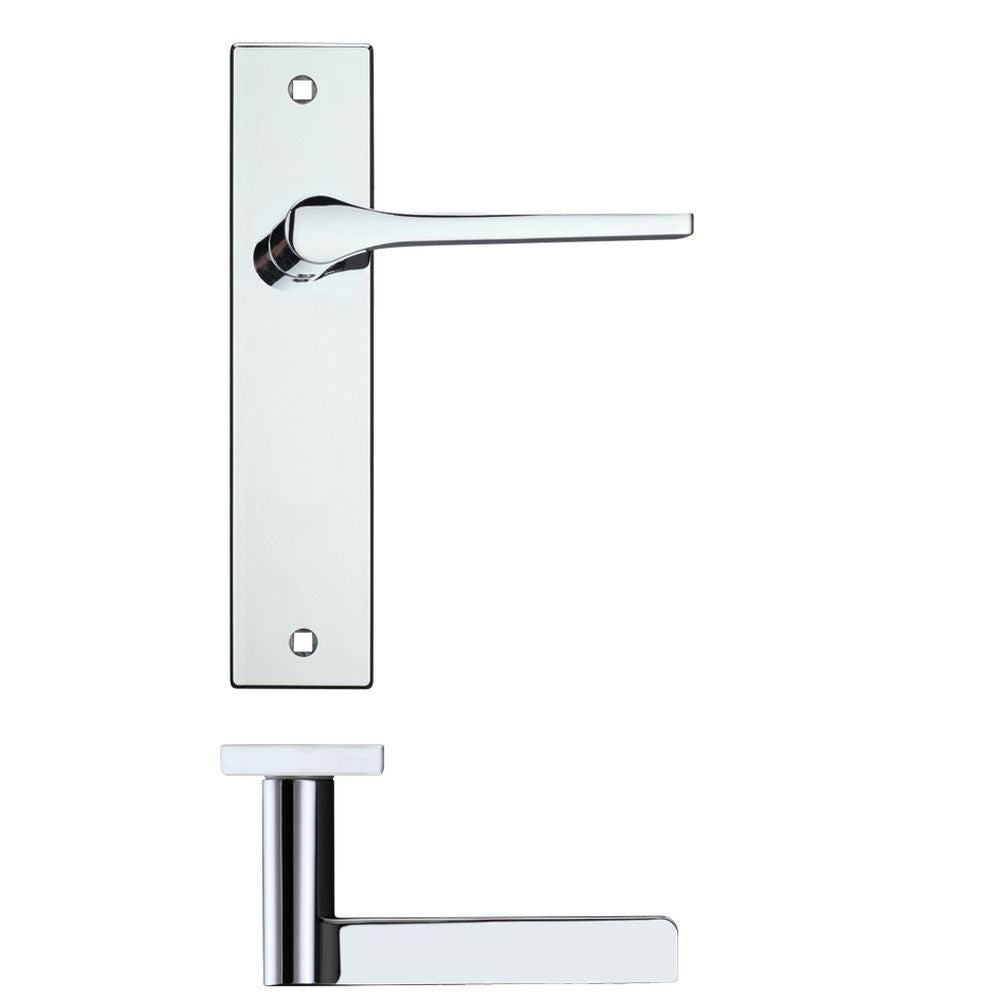 High quality image of the Rosso Maniglie - Draco Lever Latch On Backplate - 190x42mm - Polished Chrome | Sku. rm132cp | available to order from Trade Door Handles.