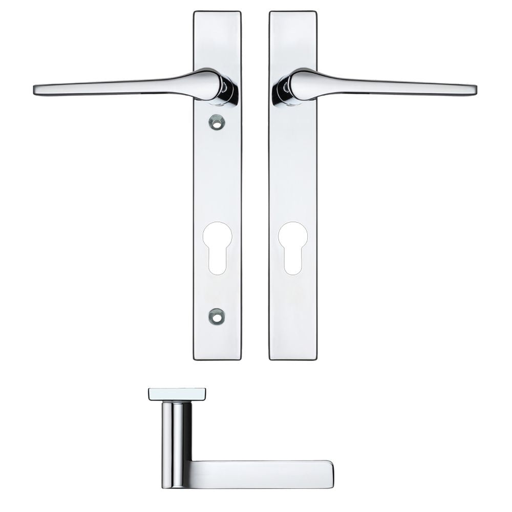 High quality image of the Rosso Maniglie - Draco Lever Euro Lock (92mm c/c) On Narrow Backplate - 220x32mm - Polished Chrome | Sku. rm13np92cp | available to order from Trade Door Handles.