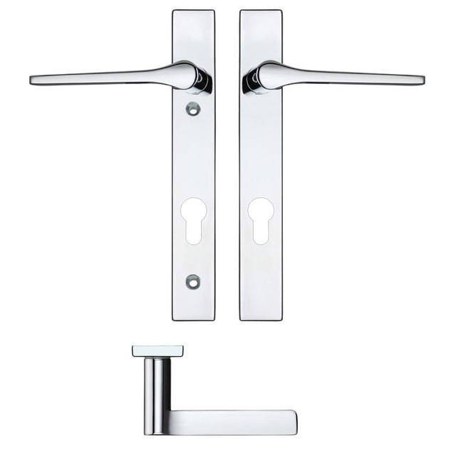 High quality image of the Rosso Maniglie - Draco Lever Euro Lock (92mm c/c) On Narrow Backplate - 220x32mm - Polished Chrome | Sku. rm13np92cp | available to order from Trade Door Handles.