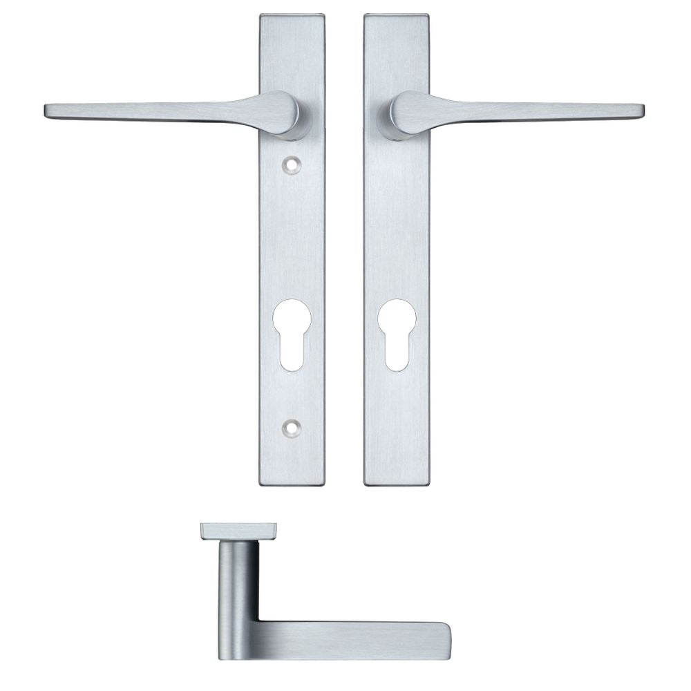 High quality image of the Rosso Maniglie - Draco Lever Euro Lock (92mm c/c) On Narrow Backplate - 220x32mm - Satin Chrome | Sku. rm13np92sc | available to order from Trade Door Handles.