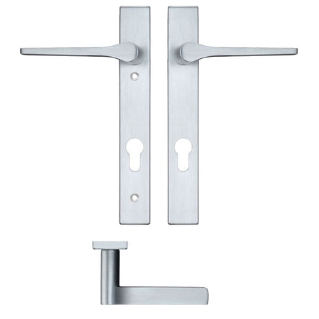 High quality image of the Rosso Maniglie - Draco Lever Euro Lock (92mm c/c) On Narrow Backplate - 220x32mm - Satin Chrome | Sku. rm13np92sc | available to order from Trade Door Handles.