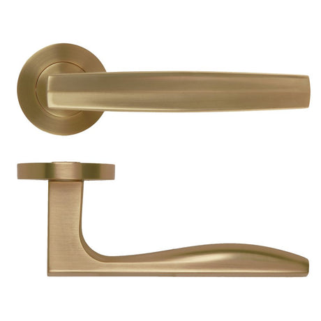 High quality image of the Rosso Maniglie - Apennine Lever On Round Rose, Antique Brass Finish | Sku. rm140ab | available to order from Trade Door Handles.