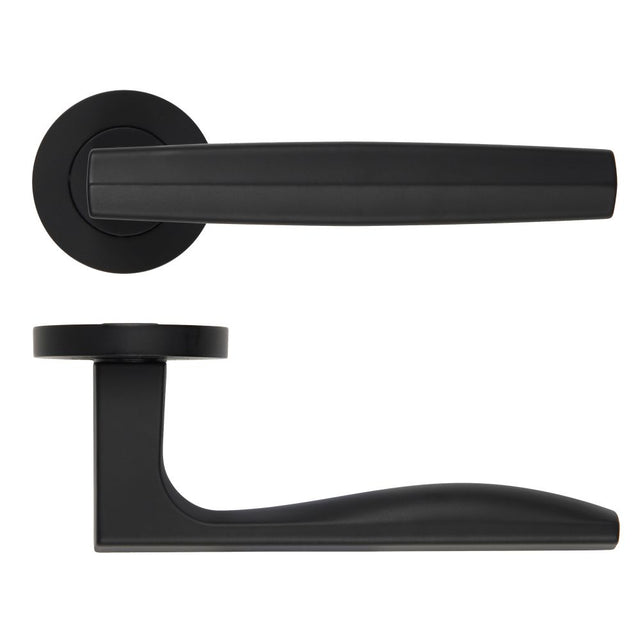 High quality image of the Rosso Maniglie - Apennine Lever On Round Rose, Oscuro Matt Black Finish | Sku. rm140omb | available to order from Trade Door Handles.