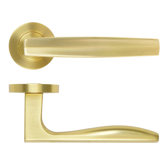 High quality image of the Rosso Maniglie - Apennine Lever On Round Rose, Satin Brass Finish | Sku. rm140sb | available to order from Trade Door Handles.