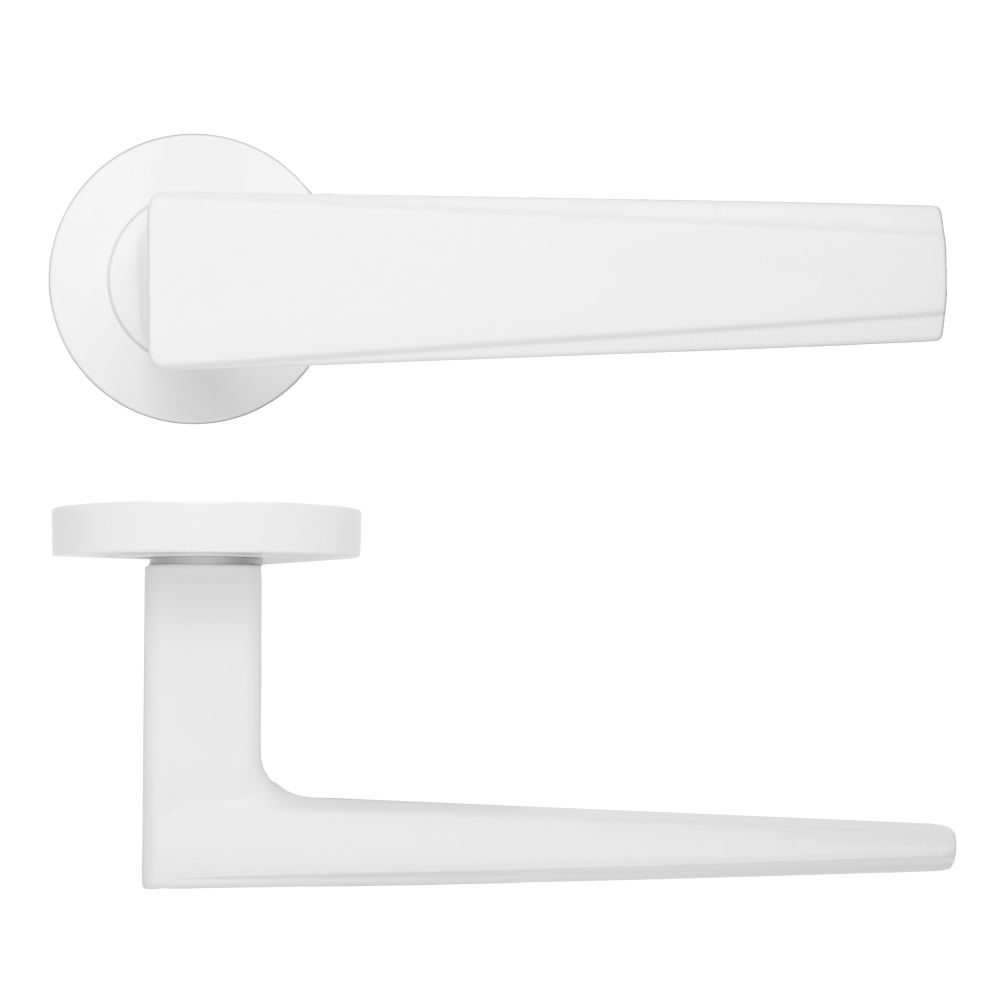 High quality image of the Rosso Maniglie - Veloce Lever On Round Rose, Powder Coated White Finish | Sku. rm150pcw | available to order from Trade Door Handles.