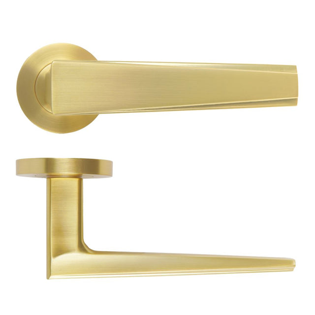 High quality image of the Rosso Maniglie - Veloce Lever On Round Rose, Satin Brass Finish | Sku. rm150sb | available to order from Trade Door Handles.