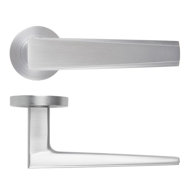 High quality image of the Rosso Maniglie - Veloce Lever On Round Rose, Finish - Satin Chrome | Sku. rm150sc | available to order from Trade Door Handles.