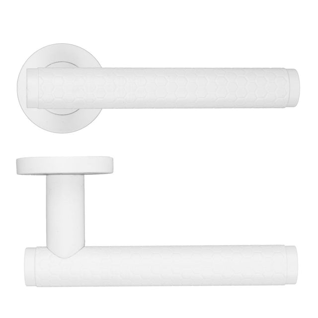 High quality image of the Rosso Maniglie - Favo Lever On Round Rose, Powder Coated White Finish | Sku. rm170pcw | available to order from Trade Door Handles.