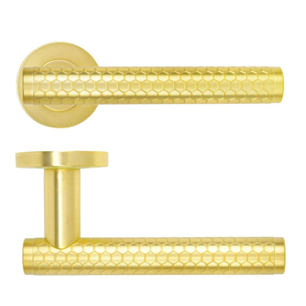 High quality image of the Rosso Maniglie - Favo Lever On Round Rose, Oscuro Satin Brass Finish | Sku. rm170sb | available to order from Trade Door Handles.