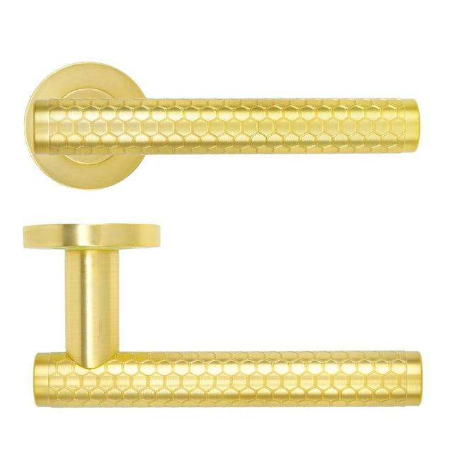 High quality image of the Rosso Maniglie - Favo Lever On Round Rose, Oscuro Satin Brass Finish | Sku. rm170sb | available to order from Trade Door Handles.