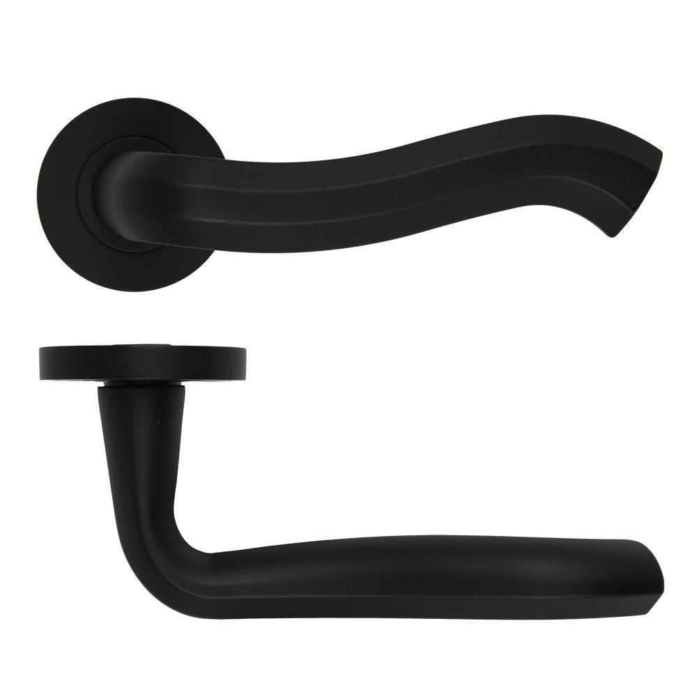 High quality image of the Rosso Maniglie - Rococo Lever On Round Rose, Oscuro Matt Black Finish | Sku. rm190omb | available to order from Trade Door Handles.
