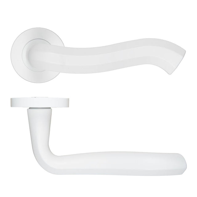 High quality image of the Rosso Maniglie - Rococo Lever On Round Rose, Powder Coated White Finish | Sku. rm190pcw | available to order from Trade Door Handles.