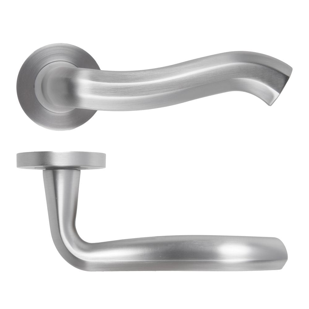 High quality image of the Rosso Maniglie - Rococo Lever On Round Rose, Finish - Satin Chrome | Sku. rm190sc | available to order from Trade Door Handles.