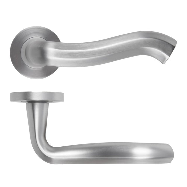 High quality image of the Rosso Maniglie - Rococo Lever On Round Rose, Finish - Satin Chrome | Sku. rm190sc | available to order from Trade Door Handles.