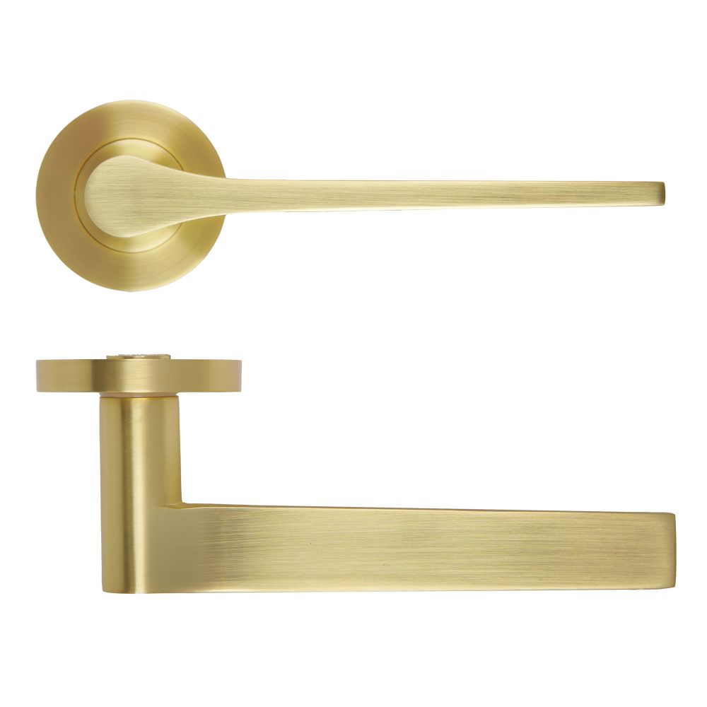 High quality image of the Rosso Maniglie - Gio Lever On Round Rose, Satin Brass Finish | Sku. rm210sb | available to order from Trade Door Handles.