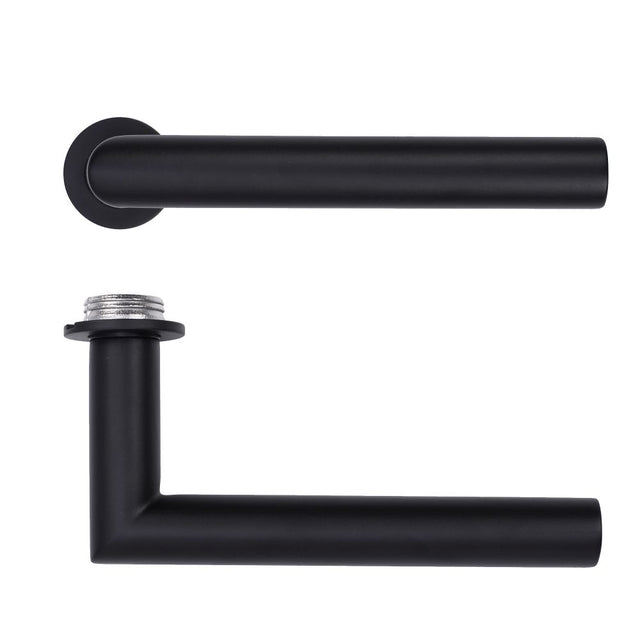 High quality image of the Rosso Tecnica - Lugano Lever on 32mm Round Mini Rose - Powder Coat Black | Sku. RT010-MINI-PCB | available to order from Trade Door Handles.