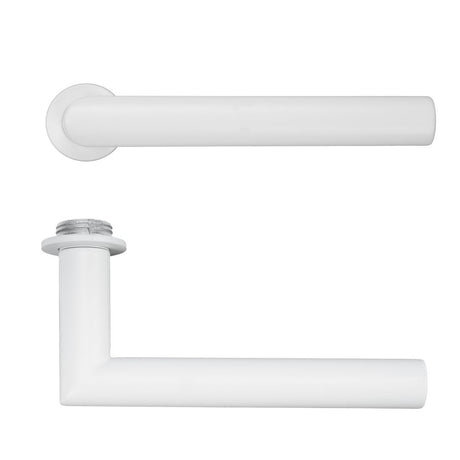High quality image of the Rosso Tecnica - Lugano Lever on 32mm Round Mini Rose - Powder Coat White | Sku. RT010-MINI-PCW | available to order from Trade Door Handles.