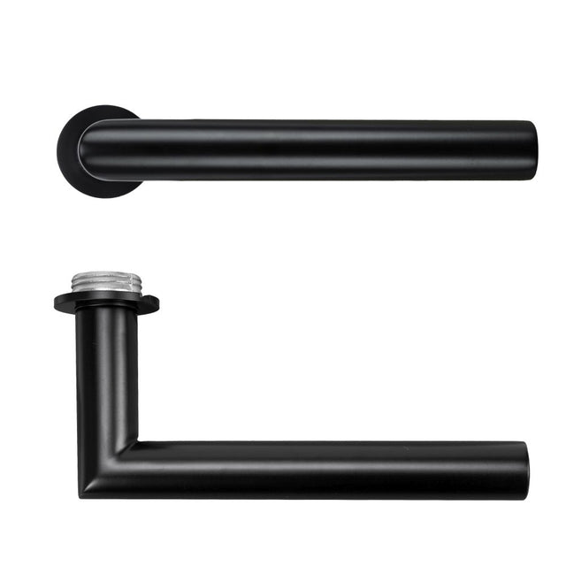 High quality image of the Rosso Tecnica - Lugano Lever on 32mm Round Mini Rose - PVD black | Sku. RT010-MINI-PVDBLK | available to order from Trade Door Handles.