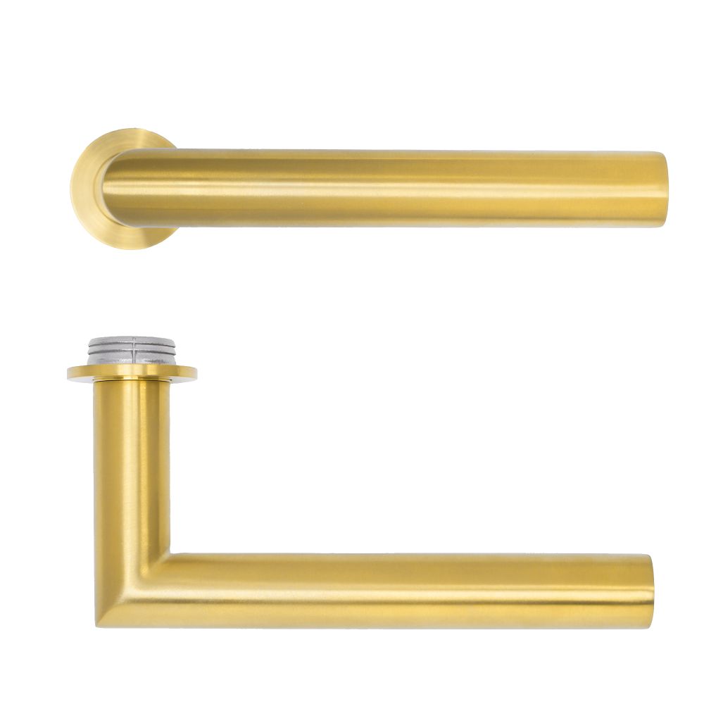High quality image of the Rosso Tecnica - Lugano Lever on 32mm Round Mini Rose - PVD Satin Brass | Sku. RT010-MINI-PVDSB | available to order from Trade Door Handles.