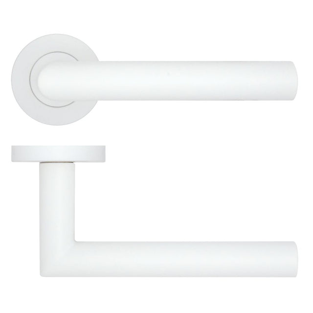 High quality image of the Rosso Tecnica - Lugano Lever on Round Rose - Powder Coat White | Sku. rt010-pcw | available to order from Trade Door Handles.
