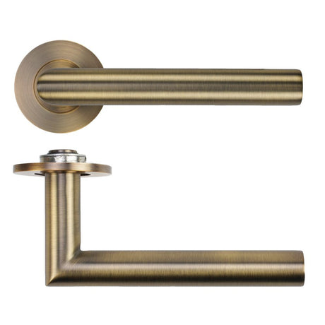 High quality image of the Rosso Tecnica - Lugano Lever on 4mm Round Slim Sprung Rose - Antique Brass | Sku. RT010-SLIM-AB | available to order from Trade Door Handles.