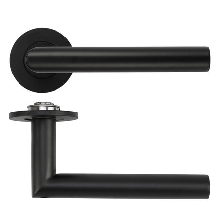 High quality image of the Rosso Tecnica - Lugano Lever on 4mm Round Slim Sprung Rose - Powder Coat Black | Sku. RT010-SLIM-PCB | available to order from Trade Door Handles.