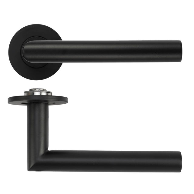 High quality image of the Rosso Tecnica - Lugano Lever on 4mm Round Slim Sprung Rose - Powder Coat Black | Sku. RT010-SLIM-PCB | available to order from Trade Door Handles.
