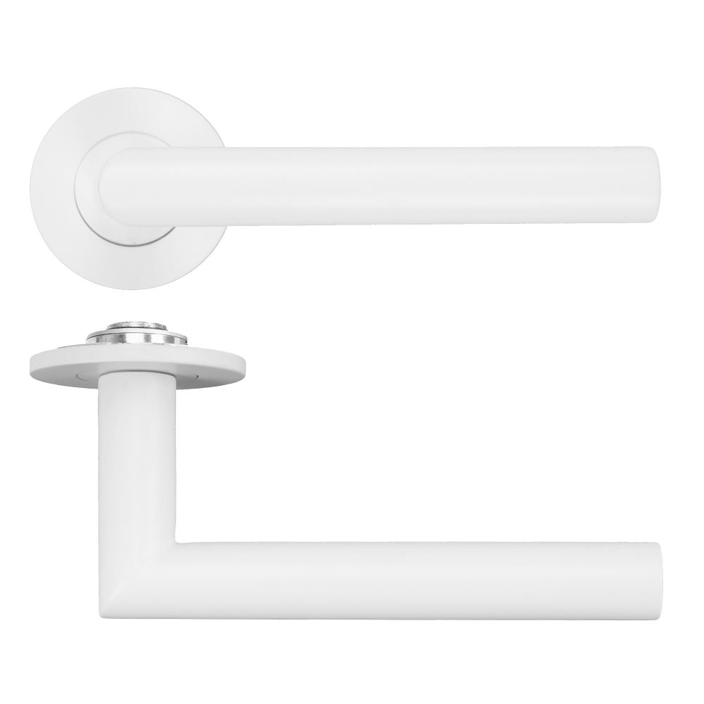 High quality image of the Rosso Tecnica - Lugano Lever on 4mm Round Slim Sprung Rose - Powder Coat White | Sku. RT010-SLIM-PCW | available to order from Trade Door Handles.