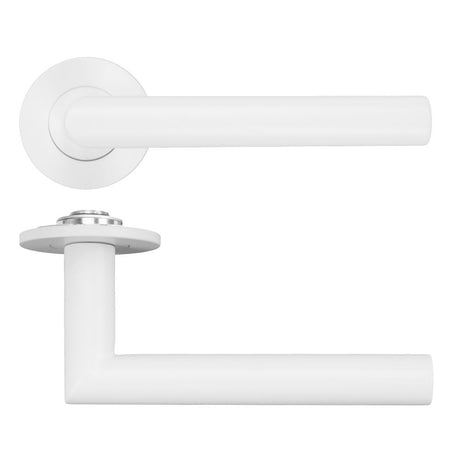 High quality image of the Rosso Tecnica - Lugano Lever on 4mm Round Slim Sprung Rose - Powder Coat White | Sku. RT010-SLIM-PCW | available to order from Trade Door Handles.