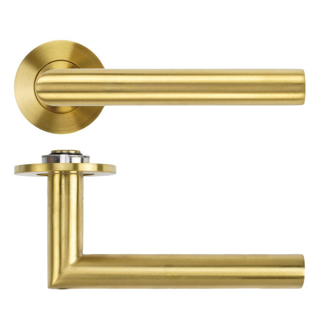 High quality image of the Rosso Tecnica - Lugano Lever on 4mm Round Slim Sprung Rose - PVD Satin Brass | Sku. RT010-SLIM-PVDSB | available to order from Trade Door Handles.