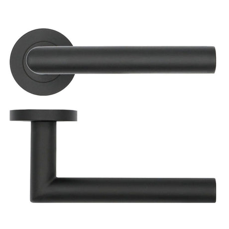 High quality image of the Rosso Tecnica - Lugano Lever on Round Rose - Powder Coat Black | Sku. rt010pcb | available to order from Trade Door Handles.