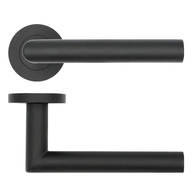 High quality image of the Rosso Tecnica - Lugano Lever on Round Rose - Powder Coat Black | Sku. rt010pcb | available to order from Trade Door Handles.