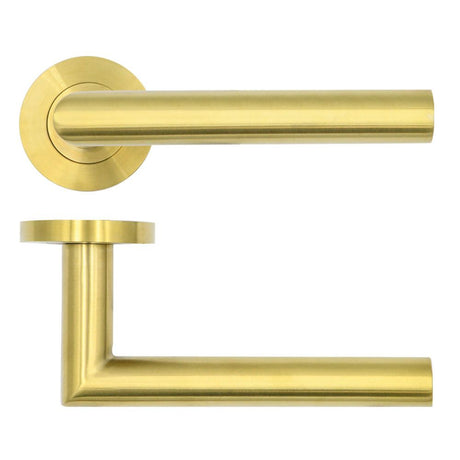 High quality image of the Rosso Tecnica - Lugano Lever on Round Rose - PVD Satin Brass | Sku. rt010pvdsb | available to order from Trade Door Handles.