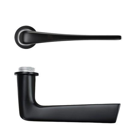 High quality image of the Rosso Tecnica - Como Lever on 32mm Round Mini Rose - PVD black | Sku. RT020-MINI-PVDBLK | available to order from Trade Door Handles.
