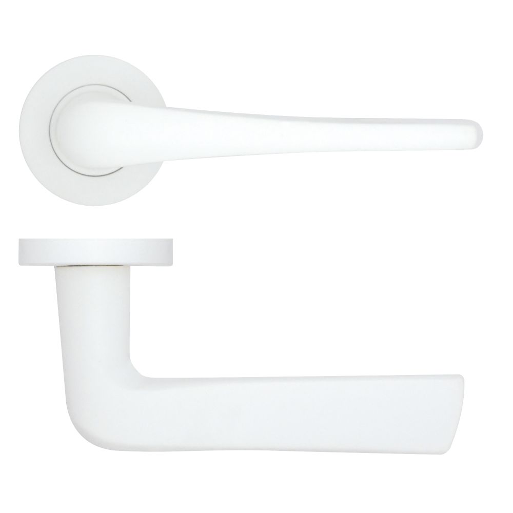 High quality image of the Rosso Tecnica - Como Lever on Round Rose - Powder Coat White | Sku. rt020-pcw | available to order from Trade Door Handles.