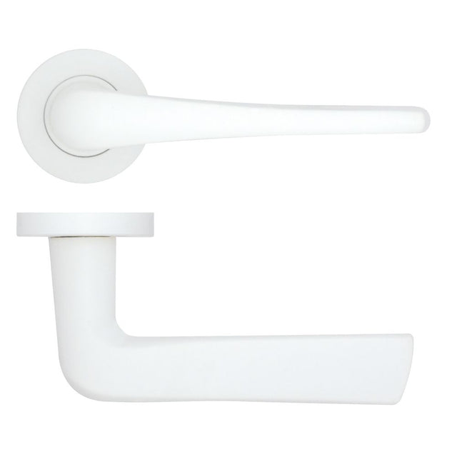 High quality image of the Rosso Tecnica - Como Lever on Round Rose - Powder Coat White | Sku. rt020-pcw | available to order from Trade Door Handles.