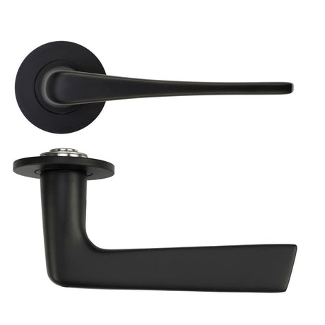 High quality image of the Rosso Tecnica - Como Lever on 4mm Round Slim Sprung Rose - Powder Coat Black | Sku. RT020-SLIM-PCB | available to order from Trade Door Handles.
