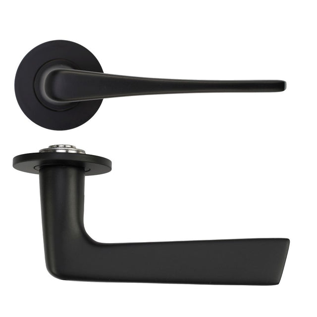 High quality image of the Rosso Tecnica - Como Lever on 4mm Round Slim Sprung Rose - Powder Coat Black | Sku. RT020-SLIM-PCB | available to order from Trade Door Handles.