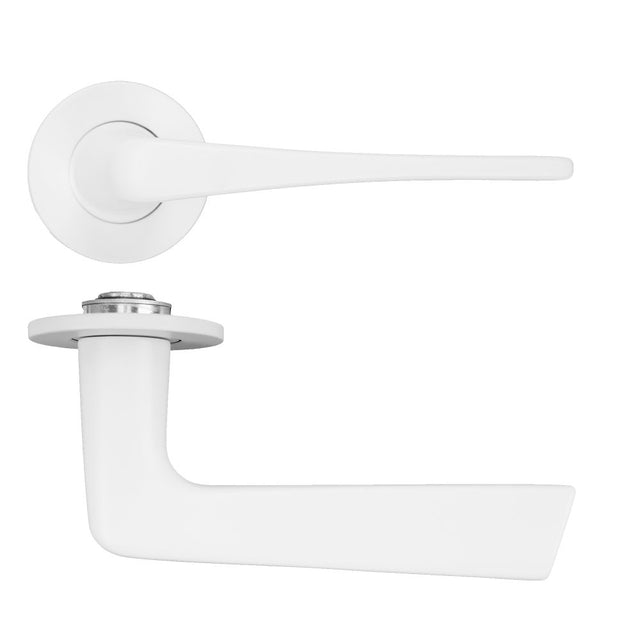High quality image of the Rosso Tecnica - Como Lever on 4mm Round Slim Sprung Rose - Powder Coat White | Sku. RT020-SLIM-PCW | available to order from Trade Door Handles.