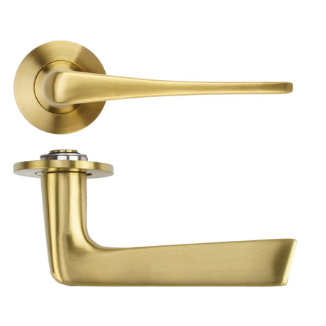 High quality image of the Rosso Tecnica - Como Lever on 4mm Round Slim Sprung Rose - PVD Satin Brass | Sku. RT020-SLIM-PVDSB | available to order from Trade Door Handles.
