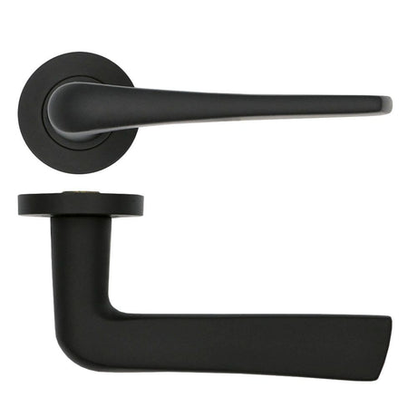 High quality image of the Rosso Tecnica - Como Lever on Round Rose - Powder Coat Black | Sku. rt020pcb | available to order from Trade Door Handles.