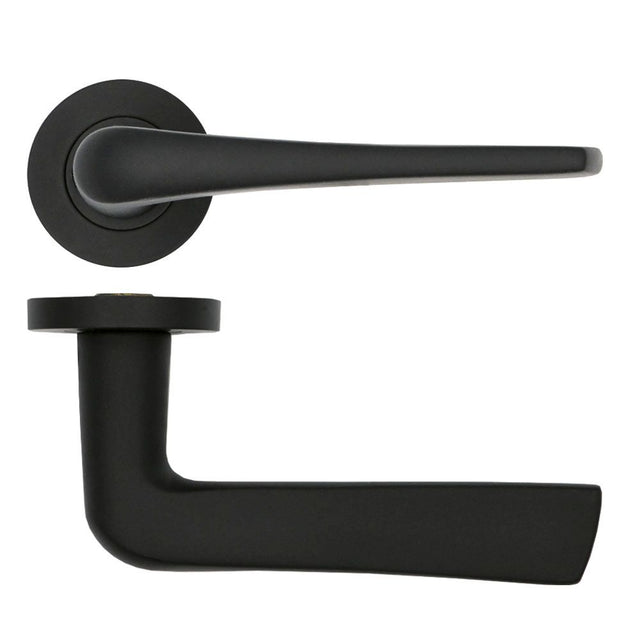 High quality image of the Rosso Tecnica - Como Lever on Round Rose - Powder Coat Black | Sku. rt020pcb | available to order from Trade Door Handles.