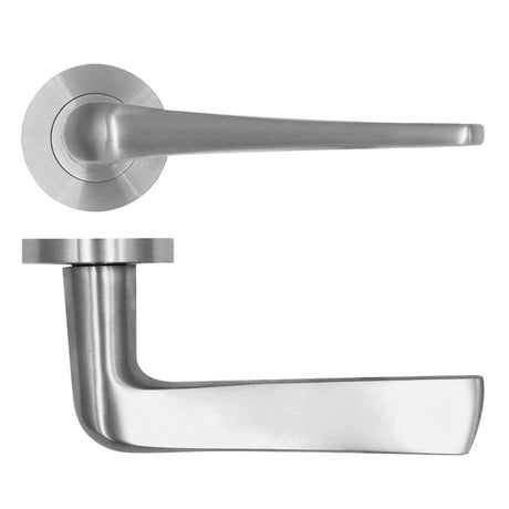 High quality image of the Rosso Tecnica - Como Lever on Round Rose - Stainless - Stain Stainless Steel | Sku. rt020ss | available to order from Trade Door Handles.