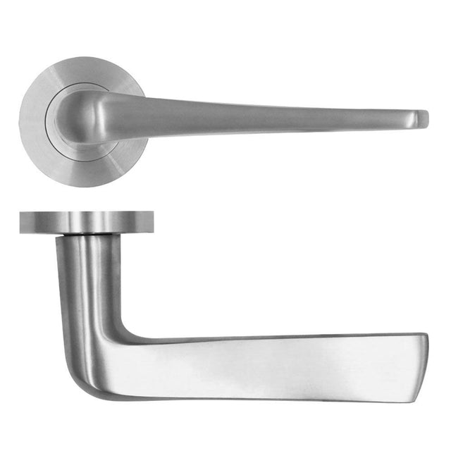 High quality image of the Rosso Tecnica - Como Lever on Round Rose - Stainless - Stain Stainless Steel | Sku. rt020ss | available to order from Trade Door Handles.