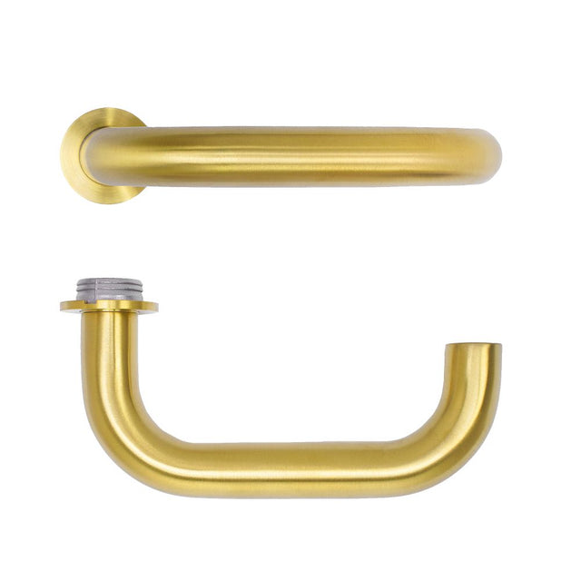 High quality image of the Rosso Tecnica - Maggiore Lever on 32mm Round Mini Rose - PVD Satin Brass | Sku. RT030-MINI-PVDSB | available to order from Trade Door Handles.