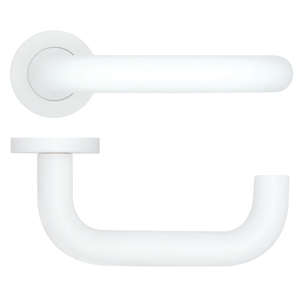 High quality image of the Rosso Tecnica - Maggiore Lever on Round Rose - Powder Coat White | Sku. rt030-pcw | available to order from Trade Door Handles.