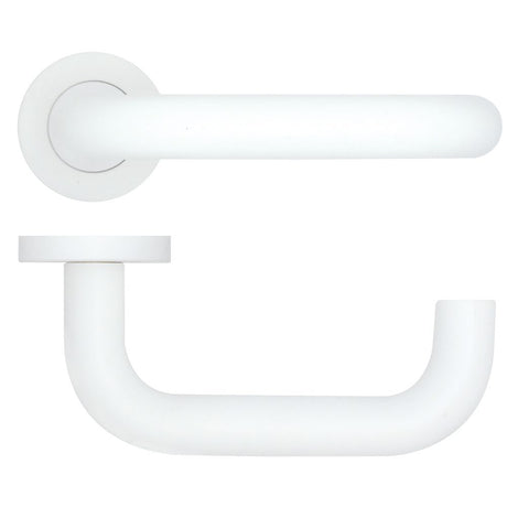 High quality image of the Rosso Tecnica - Maggiore Lever on Round Rose - Powder Coat White | Sku. rt030-pcw | available to order from Trade Door Handles.
