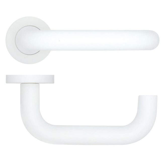 High quality image of the Rosso Tecnica - Maggiore Lever on Round Rose - Powder Coat White | Sku. rt030-pcw | available to order from Trade Door Handles.