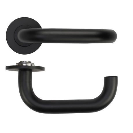 High quality image of the Rosso Tecnica - Maggiore Lever on 4mm Round Slim Sprung Rose - Powder Coat Black | Sku. RT030-SLIM-PCB | available to order from Trade Door Handles.