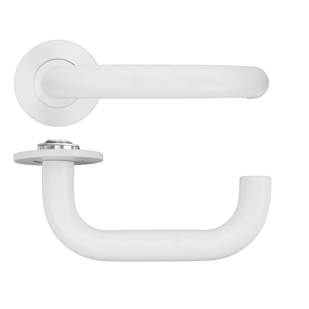 High quality image of the Rosso Tecnica - Maggiore Lever on 4mm Round Slim Sprung Rose - Powder Coat White | Sku. RT030-SLIM-PCW | available to order from Trade Door Handles.